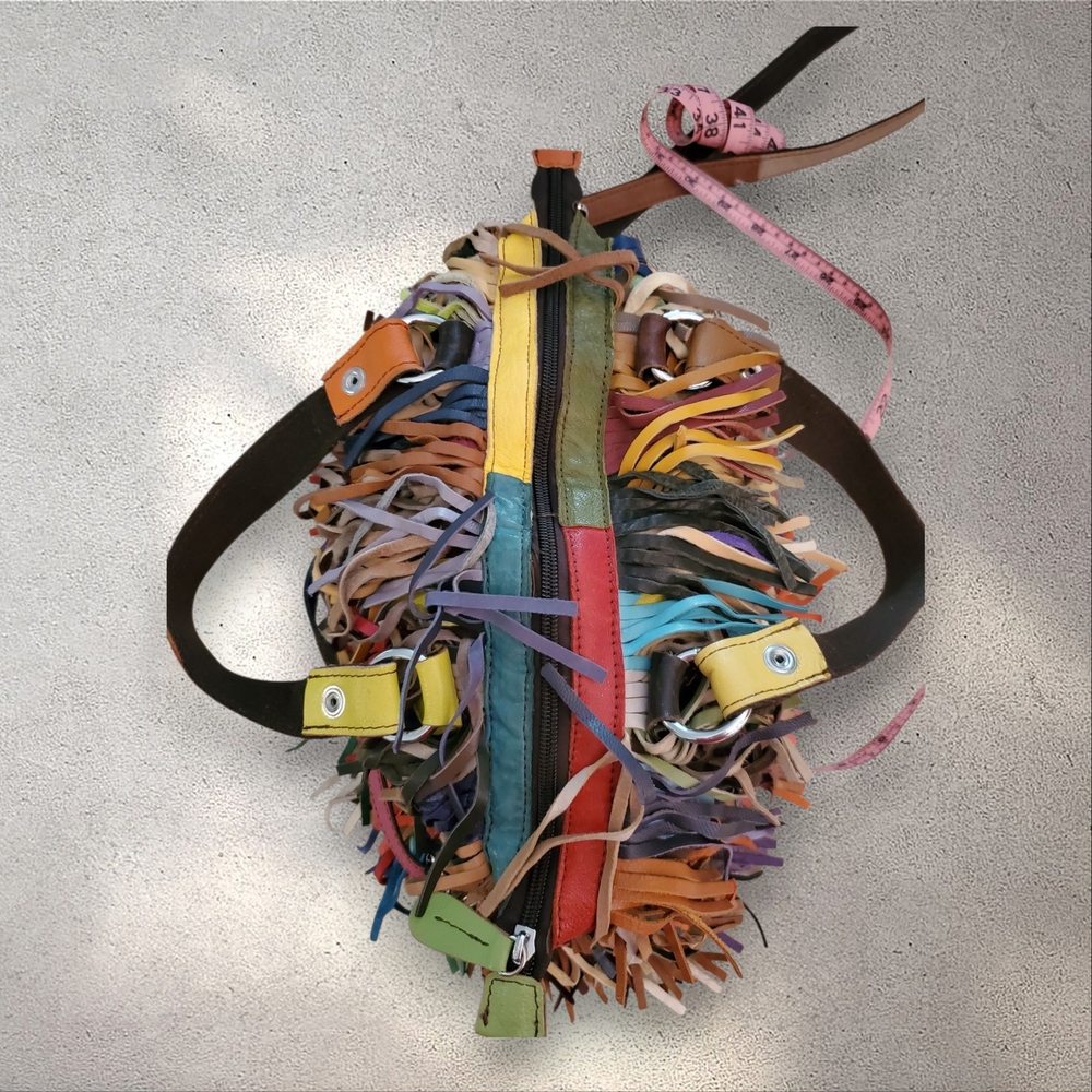Vintage Multicolored All Leather Fringed Handbag Y2K Boho Tassel Satchel Purse - Picture 8 of 14